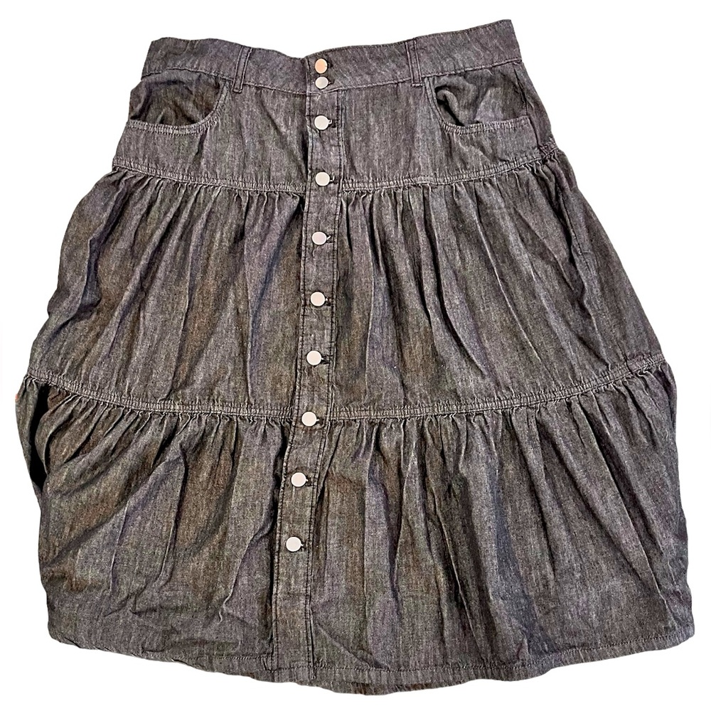 button down black denim midi jean skirt, belt, loops, pockets, super cute